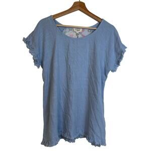 Umgee Linen blend Top sz Small Relaxed Fit Floral Light Blue Beach Vacation NWT